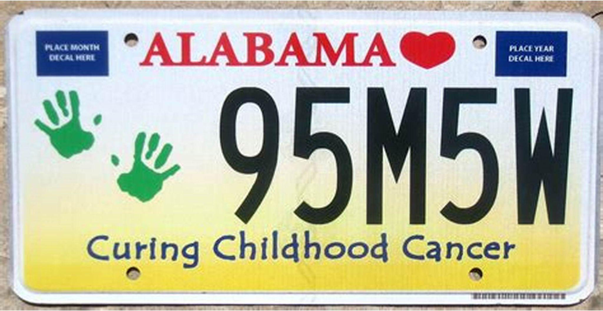 Photos of distinctive license plate formats issued to motor vehicles in Alabama:
