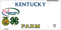 Kentucky also issues standard motorcycle license plates with a white background, "KENTUCKY" screened in large fonts on top, and "MOTORCYCLE" screened in smaller fonts on the bottom. Both words are printed in black color. Also, the state issues a standard license plate for farmers producing crops, livestock, or dairy products. The license plate has a predominantly white color. However, it contains the text "KENTUCKY" screened in blue and "FARM" inscribed in yellow, outlined in blue. It also includes logos of the Kentucky Proud program and the FFA and 4-H organizations.